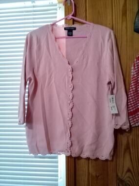 Good clothes Women's L Peach 3/4 Sleeve Crochet Trim Cardigan Top